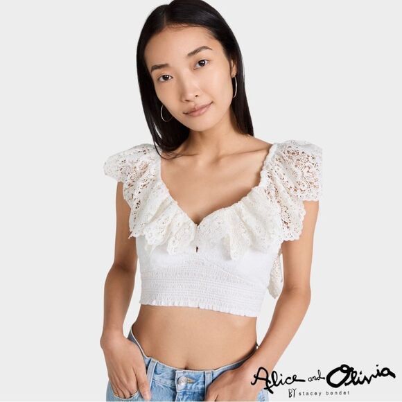 Alice + Olivia **NWT** Bleeker Eyelet Smocked Crop Top In Off White - Picture 1 of 16